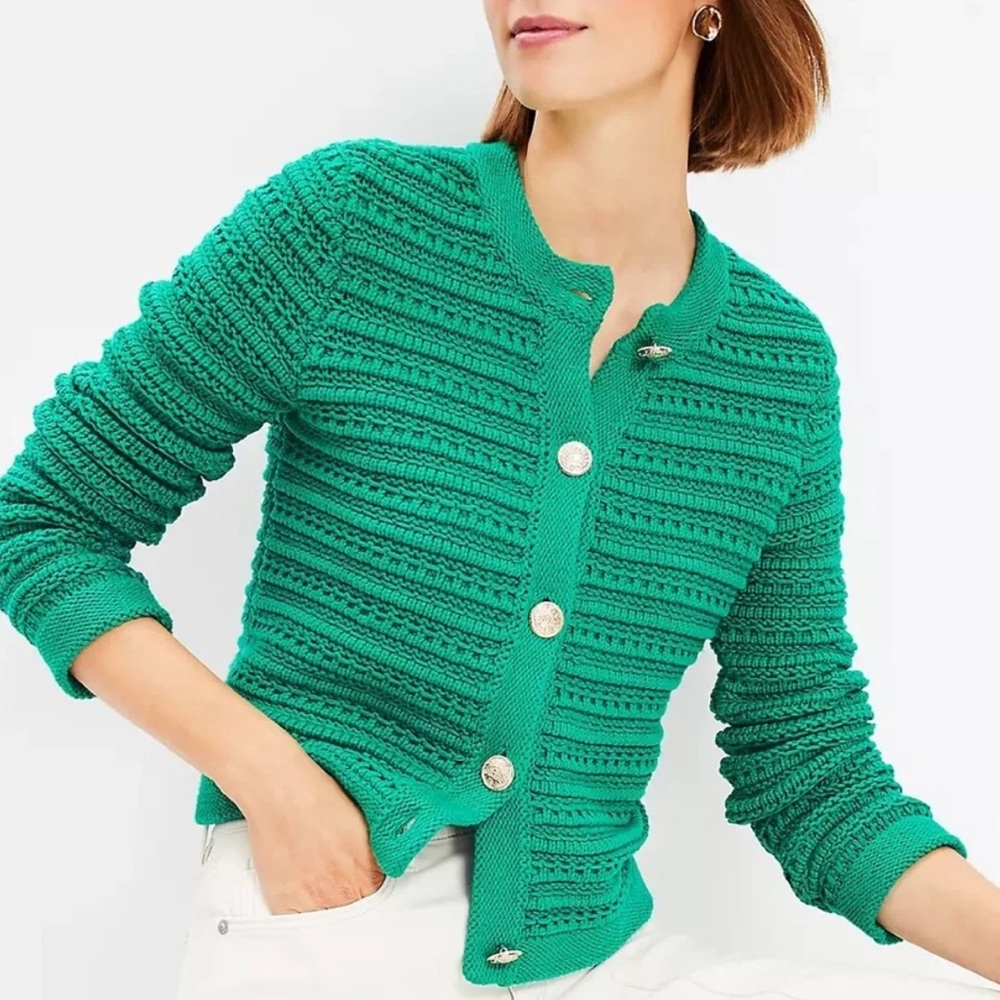 Loft Textured Sweater Lady Jacket Emerald Kelly Gold Embossed Button 2024 NWT-XS